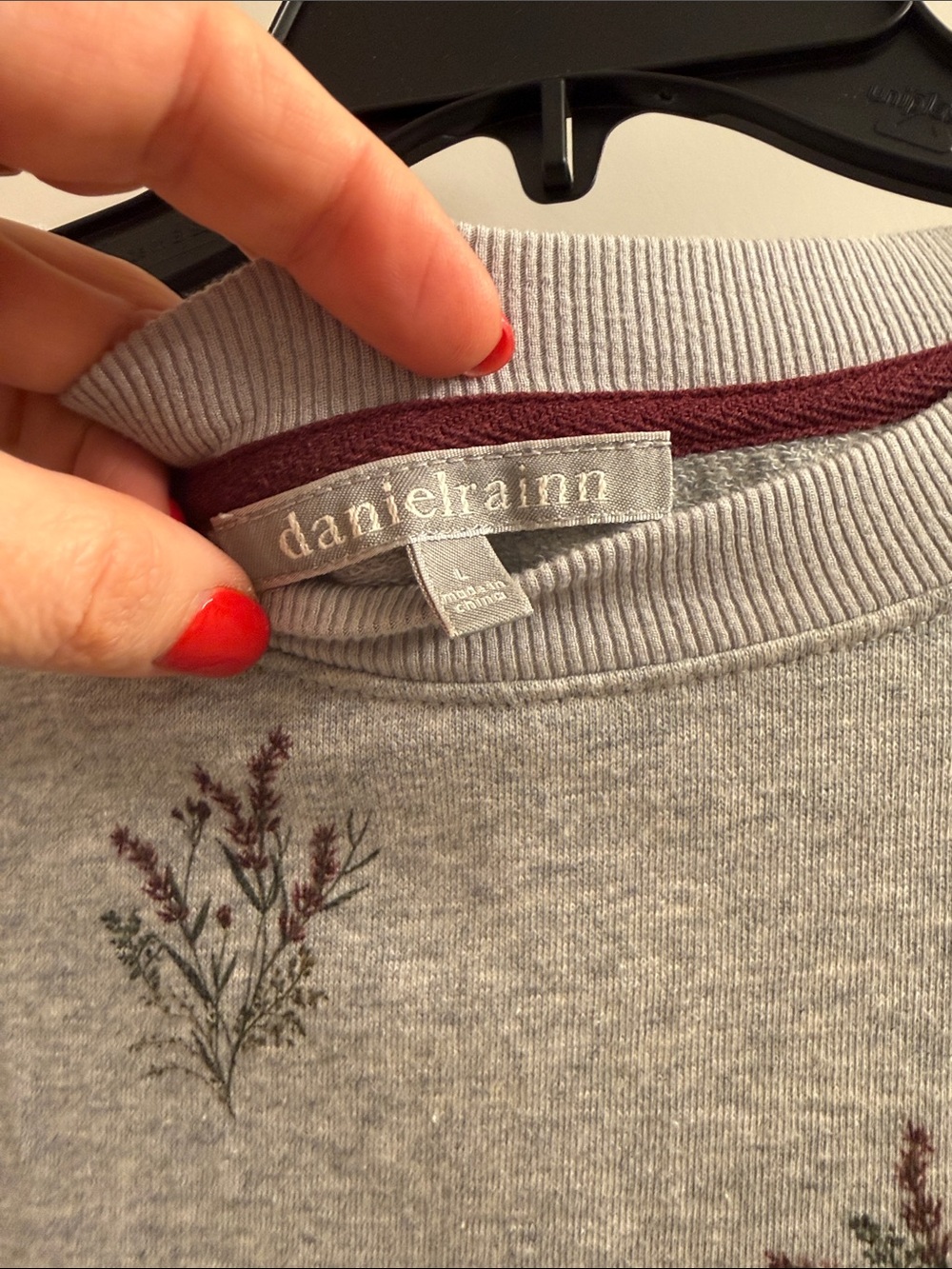 Daniel Rainn Heather Gray Crewneck Sweater with Burgundy Floral Accents